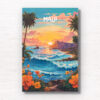 Maui Travel Poster. Digitally illustration of sunset and tropical flowers and palm trees over the beach in Hawaii. Framed art photography, wall art prints by Gotthewanderingeye.