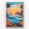 Maui Travel Poster. Digitally illustration of sunset and tropical flowers and palm trees over the beach in Hawaii. Framed art photography, wall art prints by Gotthewanderingeye.