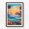 Maui Travel Poster. Digitally illustration of sunset and tropical flowers and palm trees over the beach in Hawaii. Framed art photography, wall art prints by Gotthewanderingeye.