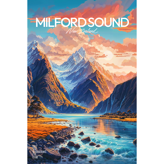 Milford Sound Travel Poster, sunset, lake reflection. Digitally illustrated wall art poster print by Allan Chan.