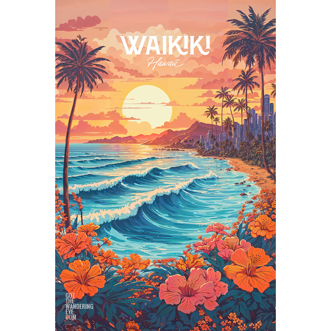 Waikiki Travel Poster. Digitally illustration of sunset and tropical flowers and palm trees over the beach in Hawaii.