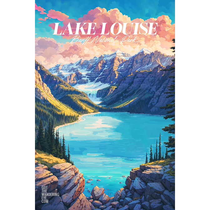 Lake Louise Travel Poster. Mountains and glacial lake digitally illustrated wall art poster print by Allan Chan.