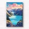 Lake Louise Travel Poster. Mountains and glacial lake digitally illustrated wall art poster print by Allan Chan. Framed art photography, wall art prints by Gotthewanderingeye.