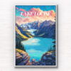 Lake Louise Travel Poster. Mountains and glacial lake digitally illustrated wall art poster print by Allan Chan. Framed art photography, wall art prints by Gotthewanderingeye.