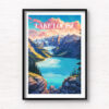 Lake Louise Travel Poster. Mountains and glacial lake digitally illustrated wall art poster print by Allan Chan. Framed art photography, wall art prints by Gotthewanderingeye.