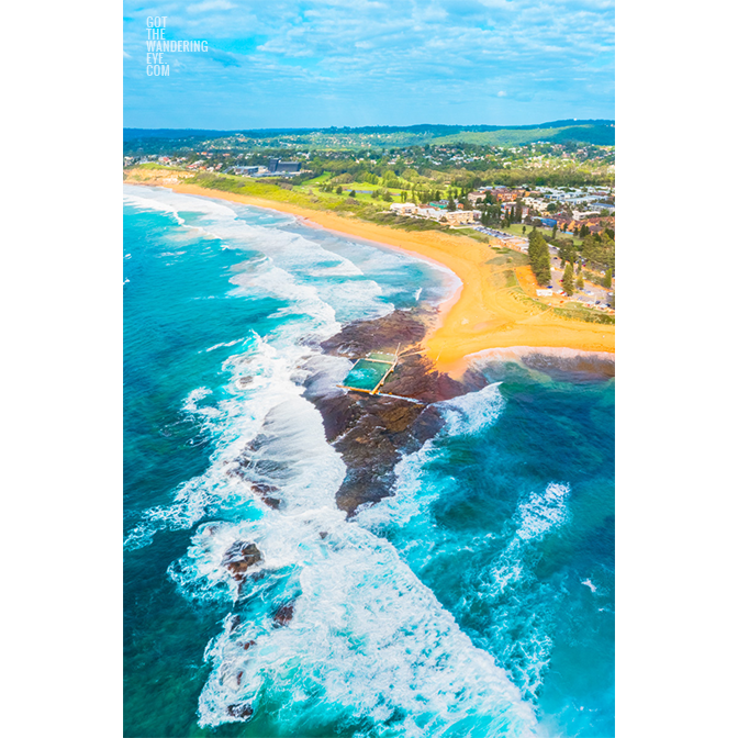 Mona Vale Beach aerial above Mona Vale Rockpool in Summer.