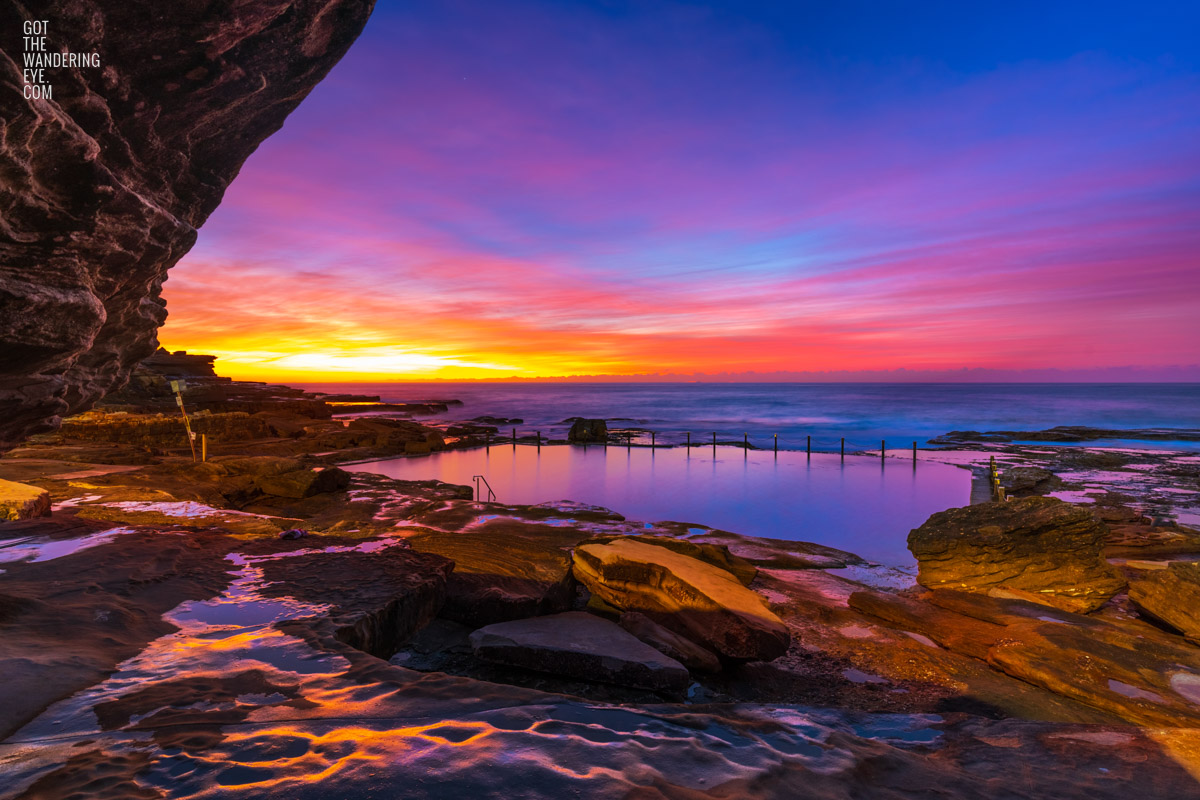 Spectacular purple sunrise, purple ocean pool paradise at Mahon Pool, Maroubra.