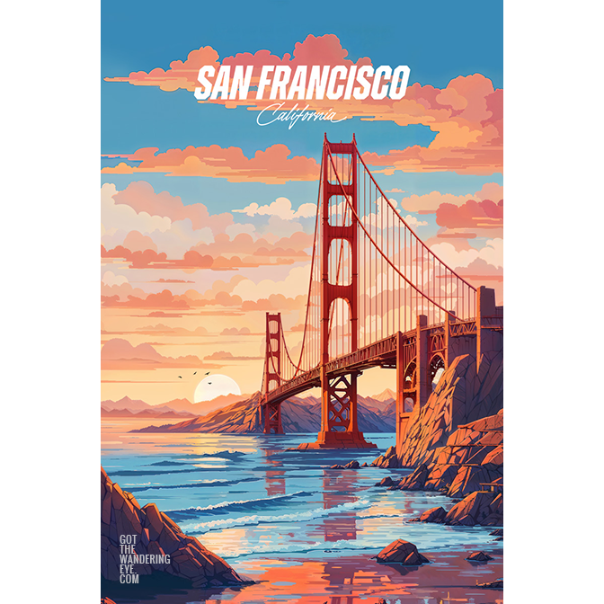 San Francisco Travel Poster. Golden gate beach and bridge digitally illustrated wall art poster print by Allan Chan.