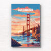 San Francisco Travel Poster. Golden gate beach and bridge digitally illustrated wall art poster print by Allan Chan. Framed art photography, wall art prints by Gotthewanderingeye.