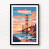 San Francisco Travel Poster. Golden gate beach and bridge digitally illustrated wall art poster print by Allan Chan. Framed art photography, wall art prints by Gotthewanderingeye.