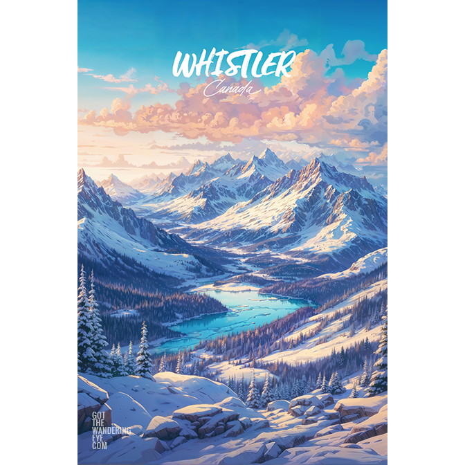 Whistler Travel Poster. Mountains and glacial lake digitally illustrated wall art poster print by Allan Chan.