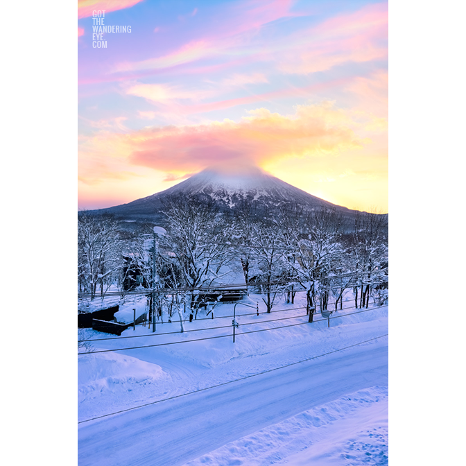 Halo at Mt. Yotei, Niseko sunrise. The morning after a dumping of fresh snow.