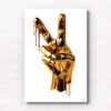 Golden Hand Emoji Peace dripping in metallic gold paint. From the designer collection by Allan Chan. Framed wall art prints.