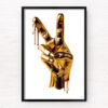 Golden Hand Emoji Peace dripping in metallic gold paint. From the designer collection by Allan Chan. Framed wall art prints.