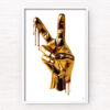 Golden Hand Emoji Peace dripping in metallic gold paint. From the designer collection by Allan Chan. Framed wall art prints.