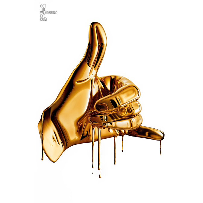 Golden Hand Emoji Shaka dripping in metallic gold paint. From the designer collection by Allan Chan.