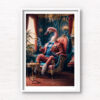 Animal Portraits in Clothes Flamingo in smoking room. Designer art by Gotthewanderingeye. Framed wall art prints by Allan Chan.