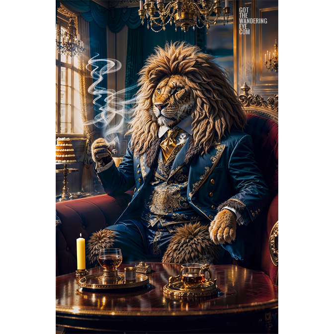 Animal Portraits in Clothes Lion in smoking room. Designer art by Gotthewanderingeye.